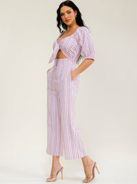 WOMEN'S SHORT SLEEVE FRONT CUT OUT POCKETS SMOCK STRIPES WIDE LEG JUMPSUIT