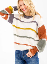 WOMEN'S LONG SLEEVE STRIPES COLORBLOCK PULLOVER SWEATER