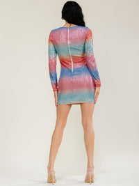 JUST ME WOMEN'S LONG SLEEVE MULTI SEQUINS BODYCON MINI DRESS