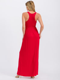 WOMEN'S SLEEVELESS ELASTIC WAIST FRONT POCKETS MAXI DRESS
