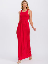 WOMEN'S SLEEVELESS ELASTIC WAIST FRONT POCKETS MAXI DRESS