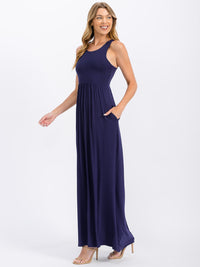WOMEN'S SLEEVELESS ELASTIC WAIST FRONT POCKETS MAXI DRESS