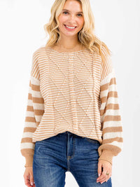 WOMEN'S LONG SLEEVE STRIPES COLORBLOCK PULLOVER SWEATER