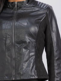 WOMEN'S LONG SLEEVE ZIPPER CLOSURE FRONT POCKETS PU PLEATHER VELVET JACKET