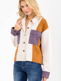 WOMEN'S LONG SLEEVE BUTTON UP FRONT POCKET COLORBLOCK CORDUROY TOP
