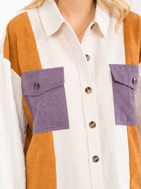 WOMEN'S LONG SLEEVE BUTTON UP FRONT POCKET COLORBLOCK CORDUROY TOP