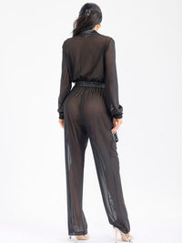 WOMEN'S LONG SLEEVE ZIP UP POCKETS ELASTIC WAIST MESH CONTRAST JUMPSUIT