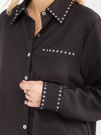 WOMEN'S LONG SLEEVE BUTTON UP FRONT POCKET STUDS BLOUSE