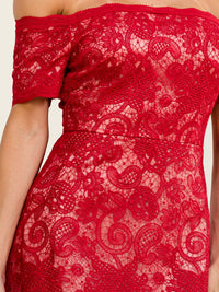 WOMEN'S OFF SHOULDER SHORT SLEEVE FRONT SLIT LACE CROCHET MAXI DRESS