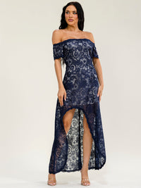 WOMEN'S OFF SHOULDER SHORT SLEEVE FRONT SLIT LACE CROCHET MAXI DRESS
