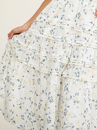 JUST ME WOMEN'S SLEEVELESS V-NECK OPEN BACK TIERED FLORAL MAXI DRESS