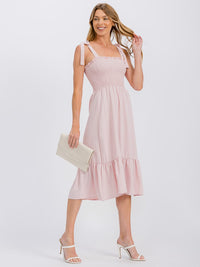 WOMEN'S SLEEVELESS ADJUSTABLE STRAPS SMOCK RUFFLE BOTTOM HEM MIDI DRESS