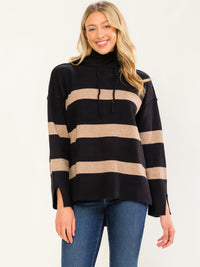 WOMEN'S LONG SLEEVE HIGH-LOW STRIPES PULLOVER HOODED SWEATER