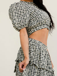 JUST ME WOMEN'S SHORT SLEEVE CROP TOP & ELASTIC WAIST MAXI SKIRT PLAID EYELET 2PC. SET