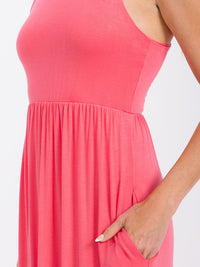 WOMEN'S SLEEVELESS ELASTIC WAIST FRONT POCKETS MAXI DRESS