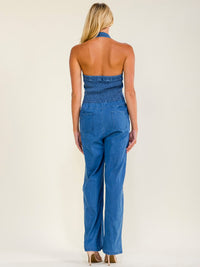 WOMEN'S SLEEVELESS HALTER NECK ZIP UP POCKETS SMOCK WIDE LEG STRETCH DENIM JUMPSUIT
