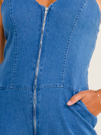 WOMEN'S SLEEVELESS HALTER NECK ZIP UP POCKETS SMOCK WIDE LEG STRETCH DENIM JUMPSUIT