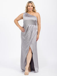 PUS SIZE SLEEVELESS ONE SHOULDER SURPLICE FRONT SLIT MAXI GOWN DRESS