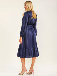 WOMEN'S LONG SLEEVE V-NECK ELASTIC WAIST SOLID MINI DRESS