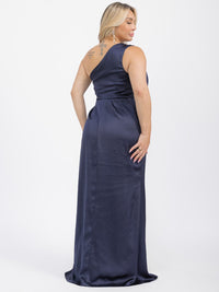 PUS SIZE SLEEVELESS ONE SHOULDER SURPLICE FRONT SLIT MAXI GOWN DRESS