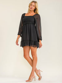 WOMEN'S LONG SLEEVE SQUARE NECK RUCHED FIT & FLARE MINI DRESS
