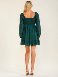 WOMEN'S LONG SLEEVE SQUARE NECK RUCHED FIT & FLARE MINI DRESS