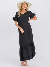 WOMEN'S SHORT SLEEVE V-NECK RUFFLE BOTTOM HEM LOOSE FIT MAXI DRESS