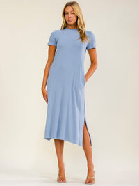 WOMEN'S SHORT SLEEVE FRONT POCKETS SIDE SLIT TUNIC MIDI DRESS