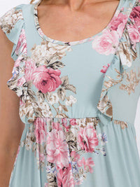WOMEN'S SLEEVELESS RUFFLE DETAILED ELASTIC WAIST FLORAL MAXI DRESS
