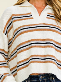 WOMEN'S LONG SLEEVE V-NECK STRIPES COLORBLOCK PULLOVER SWEATER