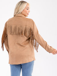 PLUS SIZE LONG SLEEVE BUTTON UP FRONT POCKETS FRINGE DETAILED JACKET