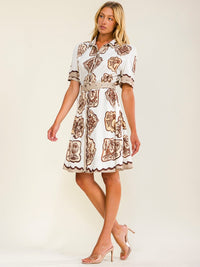 WOMEN'S SHORT SLEEVES BUTTON UP BELTED MULTI PRINT MINI DRESS