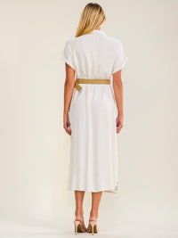 WOMEN'S SHORT SLEEVES BUTTON UP BELTED STITCHED DETAILED LINEN MIDI DRESS