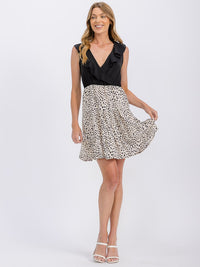 WOMEN'S SLEEVELESS SURPLICE RUFFLE ANIMAL PRINT MINI DRESS