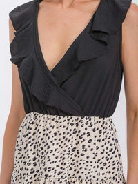 WOMEN'S SLEEVELESS SURPLICE RUFFLE ANIMAL PRINT MINI DRESS