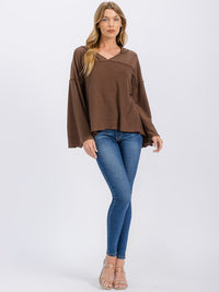 WOMEN'S LONG BELL SLEEVE V-NECK HOODED OVERSIZED TOP