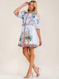 WOMEN'S SHORT SLEEVES BUTTON UP BELTED FLORAL MINI DRESS