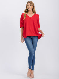 WOMEN'S SHORT SLEEVE V-NECK FRONT POCKET OVERSIZED TOP
