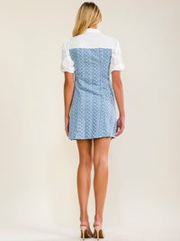 WOMEN'S SHORT SLEEVE BUTTON UP EYELET CONTRAST DENIM MINI DRESS