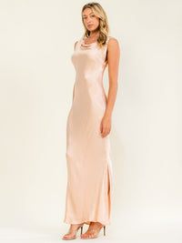 WOMEN'S SLEEVELESS COWL NECK SIDE SLIT BODYCON MAXI DRESS