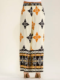 WOMEN'S ELASTIC WAIST BUTTON CLOSURE FRONT POCKETS WIDE LEG MULTI PRINT PANTS