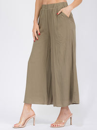 WOMEN'S ELASTIC WAIST FRONT POCKETS WIDE LEG PANTS