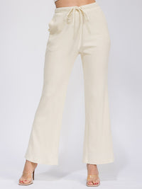 WOMEN'S ELASTIC WAIST FRONT POCKETS WIDE LEG RIBBED PANTS