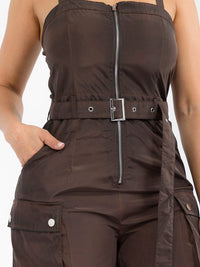 WOMEN'S SLEEVELESS ZIP UP CARGO POCKETS WIDE LEG JUMPSUIT