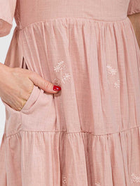 WOMEN'S SHORT SLEEVE FRONT POCKETS TIERED EMBROIDERY FLOWERS MAXI DRESS