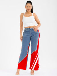 WOMEN'S BUTTON CLOSURE POCKETS WIDE LEG DENIM CONTRAST PANTS