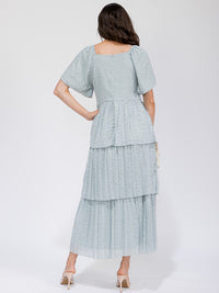 WOMEN'S SHORT SLEEVE V-NECK SWISS RUFFLE TIERED MAXI DRESS