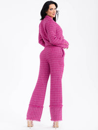 WOMEN'S BUTTON CLOSURE POCKETS WIDE LEG TWEED PANTS