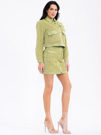 WOMEN'S LONG SLEEVE FRONT POCKETS BUTTON CLOSURE PU PLEATHER TWEED BLAZER