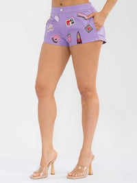 WOMEN'S BUTTON CLOSURE POCKETS GRAPHIC PU PLEATHER MINI SHORTS